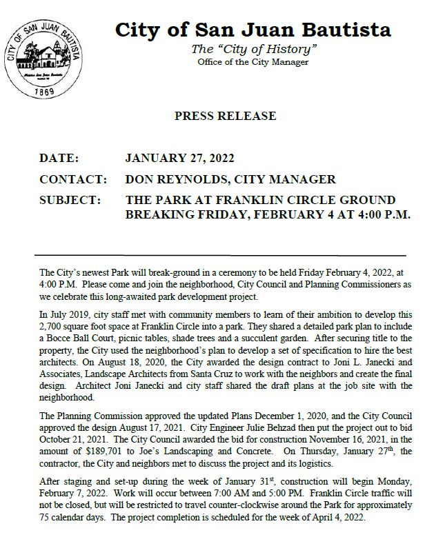 Franklin Circle Park Press Release pg1